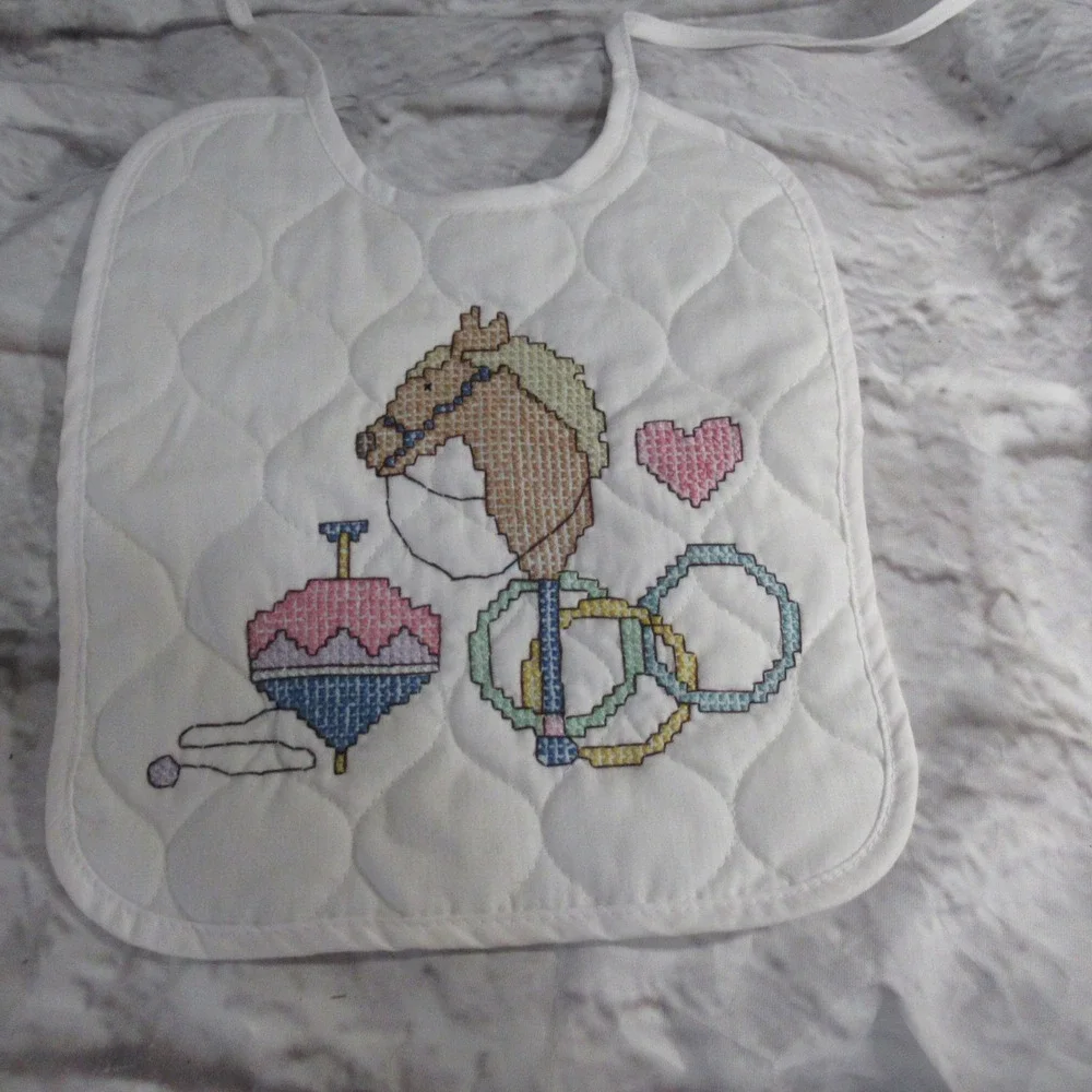 Personal Wares Baby Bib Kids OS White Excellent Cross Stitch Handmade Quilted
